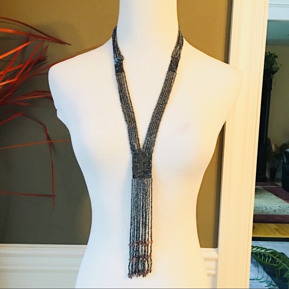 Jewelry - Blue Gray Seed Bead Long Fringe Necklace